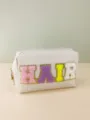 Detail shot of the large capacity PU makeup bag featuring colorful chenille patch letters. - HAIR Letter Patch / 18*7*11cm / Multicolor (White)