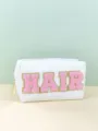 White PU cosmetic bag detail featuring pink chenille letter patch HAIR with gold glitter trim. - HAIR Letter Patch / 18*7*11cm / Off White