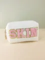 White PU leather cosmetic bag with pink chenille SKIN letters and gold glitter trim for women - SKIN Letter Patch / 18*7*11cm / Off White