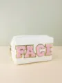 White PU leather makeup bag with pink chenille varsity letters FACE gold glitter trim detail - FACE Letter Patch / 18*7*11cm / Off White
