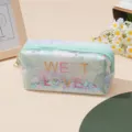Borsa per cosmetici trasparente con lettere glitterate e stelle, grande astuccio per trucco. - Verde