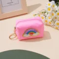 Rosa Pluesch Regenbogen bestickte Mini Muenztasche mit Schluesselanhang niedliche Geldboerse - Rosa X Regenbogen
