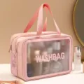 Pink waterproof travel wash bag with clear window and mesh pocket for portable storage. - Dry/Wet Separation Double Layer (Thickened Upgrade) / L / Pink