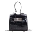 Black patent leather crocodile pattern mini Kelly bag chic fashion crossbody handbag - Black