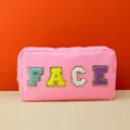 Pink cosmetic bag with chenille letter patches, large waterproof travel toiletry storage pouch. - L / Pink