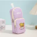 Cute purple canvas pencil case with double zippers, large capacity student stationery bag. - Purple / 15-20 Pens
