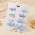 Close-up detail of 8pcs light blue baby hair clip set with cute bows stars and flowers. - 8 Pcs Pack / Blue Set (8E)