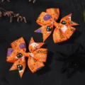 Orange Halloween grosgrain ribbon hair bows with ghost pattern and cute spook text - Orange Pumpkin Ghost Style (2A-2) / Orange