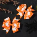 Orange Halloween hair bow clips with cute ghost pattern and Boo text - Orange White Ghost Style (2A-4) / Orange