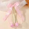 Pink tulip flower bow hair clip with elegant long ribbons for girls' hair accessories - Tulip Bow Ribbon Style (5533) / Pink