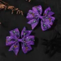 Halloween purple grosgrain ribbon bow hair clips with spider pattern for children hair accessory - Purple Spider Style (2A-5) / Purple