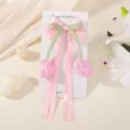 Primer plano del pasador de pelo con lazo de tulipán rosa y cintas largas de satén - Estilo de Lazo Tulipán (5529) / Rosa