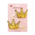 Detail of golden sequin crown hair clips on pink princess display card - Crown Style (15) / Single Clip Left Facing / Gold Sequin Pattern