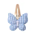 Detail view of blue plaid butterfly hair clip with pearl beads. Cute snap hair accessory. - Blue Plaid