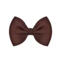 Macro detail view of a solid brown ribbed grosgrain bow hair clip for toddlers - Coffee
