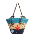 Handwoven multi-color straw tote bag with flower accents and beaded rope handles - Blue
