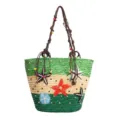 Large capacity handmade woven straw tote bag featuring colorful flower appliques - Green