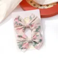 Floral fabric bow hair clips with cute embroidery for girls, set of 2 on display card - Scalloped Edge Floral Bow Hair Clip (11) / 1 Piece / Pink Floral