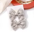 Two-piece set of grey embroidered flower bow hair clips for kids on display card - Exquisite Embroidered Hair Clip (17)