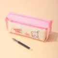 Pink canvas pencil case with cute puppy design, large capacity zipper stationery storage bag. - Light Pink / 15-20 Pens