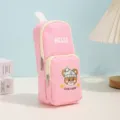 Pink canvas pencil case double layer large capacity cute cartoon bear stationery bag school - Pink / 15-20 Pens
