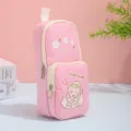 Estuche doble de lona rosa lindo dibujo animado papelería bolsa de almacenamiento grande - Rosa