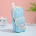Estuche de lona azul de doble capa, bonita bolsa de papelería de dibujos animados para estudiantes. - Azul