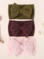 Soft set of 3 wide pleated baby headbands featuring large bows in gentle solid colors - Green/Red/Pink