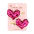 A pair of shiny pink sequined heart-shaped hair clips for girls on display card - Heart Style (1) / Single Clip Right Facing / Rose Pink