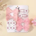 Detalle de pinzas para el cabello rosas con lazos de encaje y motivos de flores blancas - Juego de 6 piezas / Rosa