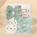 Set de 10 pinzas para el pelo para niños con lazos de pana verde y margaritas blancas - Juego de 10 piezas / Verde