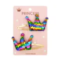 Pair of colorful rainbow sequin crown hair clips for girls displayed on a pink card - Crown Style (11) / Single Clip Right Facing / Rainbow Sequins