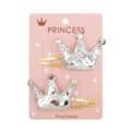 Pair of shiny silver sequin crown hair clips for children on pink display card - Crown Style (13) / Single Clip Left Facing / Silver Sequins