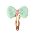 Cute mini children's hair clip featuring a light green textured fabric bow with pink band - Bow Side Clip (22)