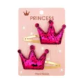 Pair of vibrant pink sequin crown hair clips for girls on decorative display card - Crown Style (14) / Single Clip Right Facing / Rose Red Glitter