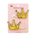 Charming gold sequined crown hair clips for girls set on a decorative pink card - Crown Style (15) / Single Clip Right Facing / Gold Sequin Pattern