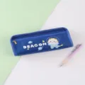 Blue canvas pencil case with cute dinosaur cartoon print and zipper design for students. - Navy Blue