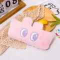 Cute pink plush pencil case with anime eyes, soft large capacity stationery storage bag for students. - Pink Rabbit