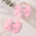 Κομψό ροζ κλιπ μαλλιών με φιόγκο και γράμμα C διακοσμημένο με κρύσταλλα για κορίτσια - Γράμμα C / 2 Τεμάχια/Σετ / Ροζ