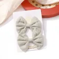 Set of two light beige embroidered fabric bow hair clips for baby girls and children - Embroidered Floral Bow (6)