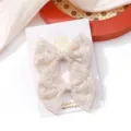 Pair of elegant off-white lace floral embroidered bow hair clips for girls on card - Lace Embroidered Bow (12)