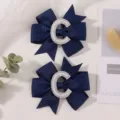 Ζευγάρι μπλε σκούρα κοκκαλάκια μαλλιών φιόγκος για παιδιά με γράμμα C από λαμπερές πέρλες - Γράμμα C / 2 Τεμάχια/Σετ / Ναυτικό Μπλε