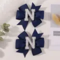 Μπλε σκούρο κλιπ μαλλιών με φιόγκο και γράμμα Ν από πέρλες και στρας για κορίτσια - Γράμμα N / 2 Τεμάχια/Σετ / Ναυτικό Μπλε