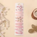 Set of 10 floral and pink checkered fabric teardrop hair clips on white card holder - Style FJ3582-10O / 10 Pieces/Pack
