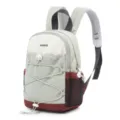 Detail of outdoor hiking backpack with color-block design and bungee cord front - Gray-Bean Green