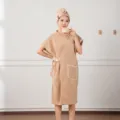 Waffle knit bath towel robe set with hair drying cap, soft absorbent wear for home spa. - Robes / Khaki