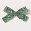 Barrette à cheveux nœud floral vert pour la coiffure des enfants - Coton Lin Vert Gris Fleurs Blanches et Orange (5-14)