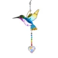 Macro detail of colorful hummingbird suncatcher with faceted heart crystal pendant - Multicolor Hummingbird (K9) / K9