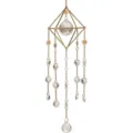 Detail view of a hanging geometric crystal suncatcher with gold chains and sun motifs. - K9 Crystal Geometric Style / K9