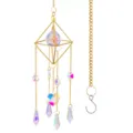 Detail of gold geometric suncatcher with iridescent heart and teardrop crystals - K9